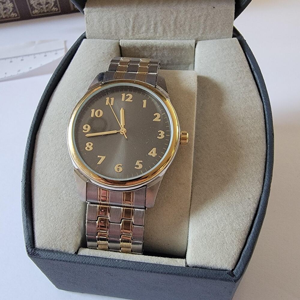 Silver Gold Tone Necklace Watch Mens Gray Dial Analog Arabic Numerals Box
